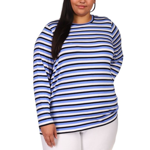 Michael Michael Kors Plus-Size Oversized Striped T-Shirt Blue Crew 1X - Picture 1 of 1